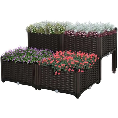 Outsunny Set 4 Pezzi Fioriere Rialzate Da Giardino Effeto Rattan In PP, Marrone 1 Outsunny Set 4 Pezzi Fioriere Rialzate Da Giardino Effeto Rattan In PP, Marrone