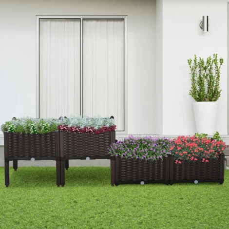 Outsunny Set 4 Pezzi Fioriere Rialzate Da Giardino Effeto Rattan In PP, Marrone 2 Outsunny Set 4 Pezzi Fioriere Rialzate Da Giardino Effeto Rattan In PP, Marrone - immagine 2
