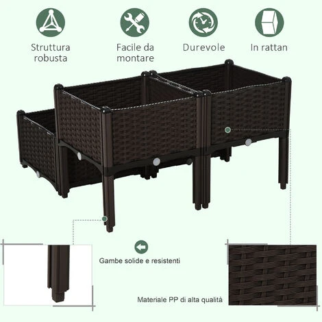 Outsunny Set 4 Pezzi Fioriere Rialzate Da Giardino Effeto Rattan In PP, Marrone 4 Outsunny Set 4 Pezzi Fioriere Rialzate Da Giardino Effeto Rattan In PP, Marrone - immagine 4
