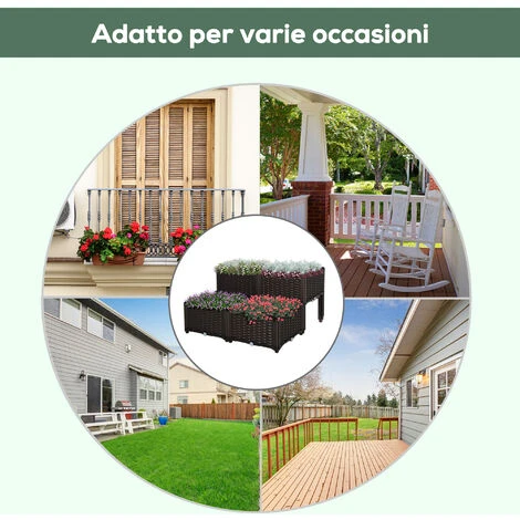Outsunny Set 4 Pezzi Fioriere Rialzate Da Giardino Effeto Rattan In PP, Marrone 5 Outsunny Set 4 Pezzi Fioriere Rialzate Da Giardino Effeto Rattan In PP, Marrone - immagine 5