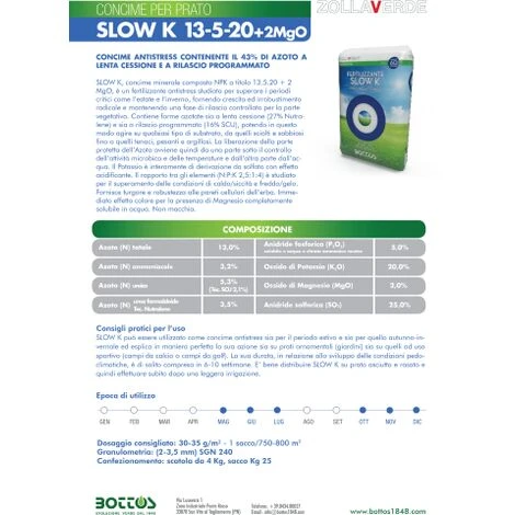 Bottos SLOW K 13-5-20 + 2 MgO Concime Fertilizzante Prato ANTISTRESS Da 25 KG 2 Bottos SLOW K 13-5-20 + 2 MgO Concime Fertilizzante Prato ANTISTRESS Da 25 KG - immagine 2