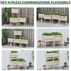 Outsunny Letto Per Orto Rialzato Con 4 Vasi Portapiante Da 50x30x60cm, Fioriera Da Esterno In Legno Colore Naturale -Vendite VIDAXL 32173944 4