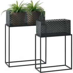Set Di 2 Portavasi In Metallo Di Forma Rettangolare Supporto Per Piante Con Coprivaso In 2 Altezze E Misure Diverse - Nero