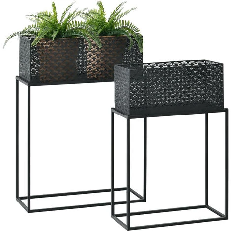Set Di 2 Portavasi In Metallo Di Forma Rettangolare Supporto Per Piante Con Coprivaso In 2 Altezze E Misure Diverse - Nero 1 Set Di 2 Portavasi In Metallo Di Forma Rettangolare Supporto Per Piante Con Coprivaso In 2 Altezze E Misure Diverse - Nero