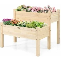 GOPLUS Orto Urbano Pensile Tavolo Porta Piante Per Giardino, Fioriera In Legno, Scomparto, Aiuola A Cassetta Da Balcone Per Erbe Aromatiche, 85 X 86 X 72,5 Cm, Naturale