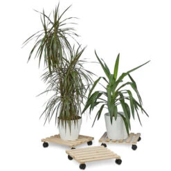 Relaxdays Carrello Portavasi Set Da 3, Quadrato In Legno, Fino A 30 Kg, Per Tutti I Pavimenti, Beige