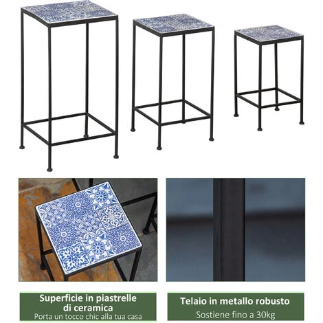 Outsunny Portapiante Floreale Di Metallo Con Superficie In Piastrelle Di Ceramica 3 Unità Per Giardino E Balcone, Blu E Nero 5 Outsunny Portapiante Floreale Di Metallo Con Superficie In Piastrelle Di Ceramica 3 Unità Per Giardino E Balcone, Blu E Nero - immagine 5