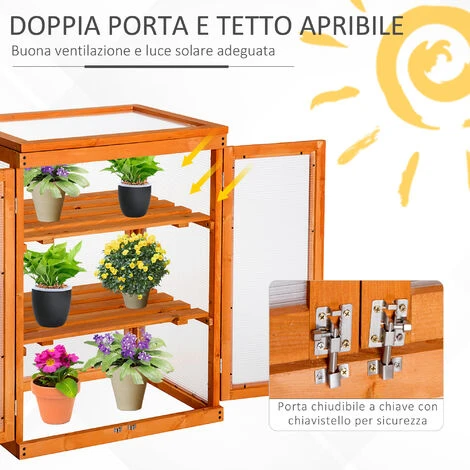 Outsunny Mini Serra Da Giardino A 3 Ripiani In Legno E Policarbonato, 58x44x78cm, Arancione 4 Outsunny Mini Serra Da Giardino A 3 Ripiani In Legno E Policarbonato, 58x44x78cm, Arancione - immagine 4