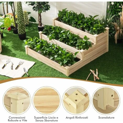 COSTWAY Fioriera Da Giardino A 3 Livelli, Fioriera In Legno Per La Coltivazione Di Ortaggi, Fiori, Erbe E Frutta, Ideale Per Giardino, Cortile E Balcone, 121 X 121 X 56 Cm 2 COSTWAY Fioriera Da Giardino A 3 Livelli, Fioriera In Legno Per La Coltivazione Di Ortaggi, Fiori, Erbe E Frutta, Ideale Per Giardino, Cortile E Balcone, 121 X 121 X 56 Cm - immagine 2