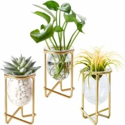 Porta Piante Ad Aria Set Di 3 Mini Fioriere Geometriche In Metallo Dorato Terrari Tillandsia Vaso In Vetro Espositori Da Donna Vasi Idroponici Per Ufficio (fioriera Alta Oro)