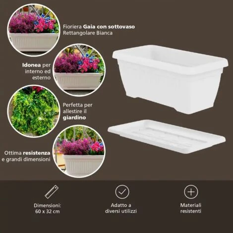 Fioriera Vaso Gaia Rettangolare 60x32 Cm 30 Lt Colore Bianco Con Sottovaso 5 Fioriera Vaso Gaia Rettangolare 60x32 Cm 30 Lt Colore Bianco Con Sottovaso - immagine 5