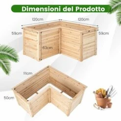 COSTWAY Letto Rialzato Da Giardino In Legno 63 Cm, Fioriera Da Giardino A Forma Di L Con Base Aperta, Aiuola Per Frutto, Erbe, Verdure E Fiori Da Giardino, Cortile E Prato, 120 X 120 X 63 Cm -Vendite VIDAXL 96369140 4